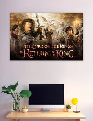 Lord of the Rings The Return of the King movie poster featuring Aragorn, Frodo, Gandalf, and Legolas against a dramatic golden sky with the Eye of Sauron