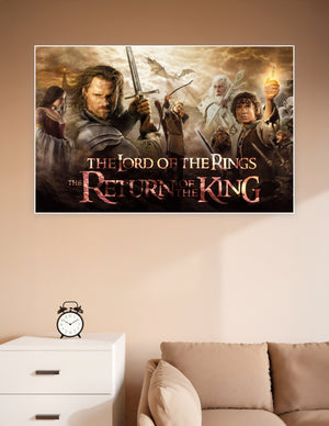 Lord of the Rings The Return of the King movie poster featuring Aragorn, Frodo, Gandalf, and Legolas against a dramatic golden sky with the Eye of Sauron