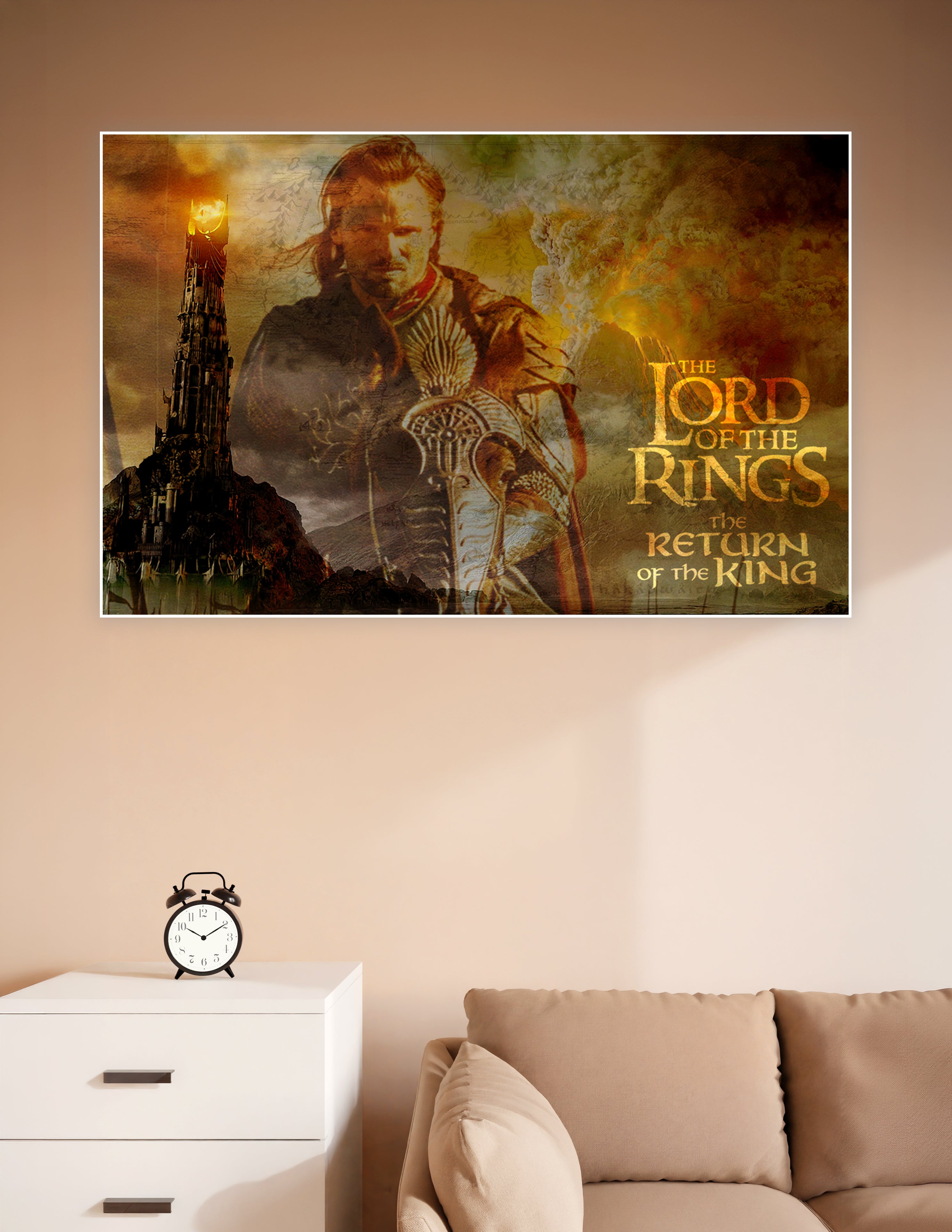 Lord of the Rings Return of the King movie poster featuring Aragorn in armor with the Eye of Sauron and Barad-dur tower in a fiery Mordor backdrop