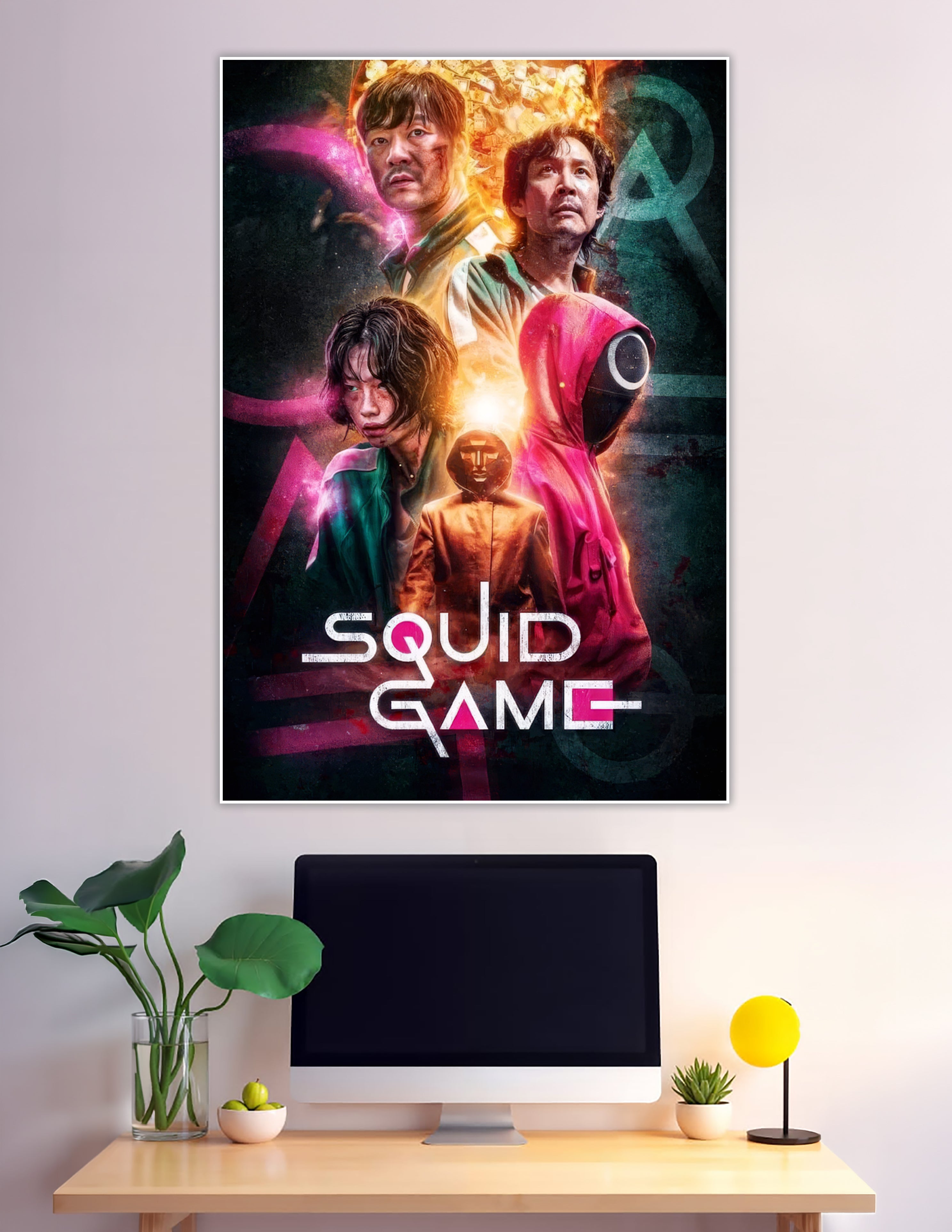 Squid Game Netflix poster with neon characters and masked guard