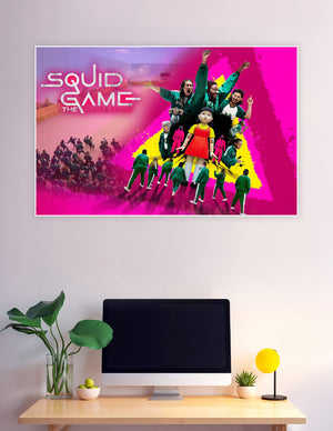 Squid Game The Challenge official Netflix poster featuring contestants in green tracksuits, the giant Young-hee doll, and masked guards on a vibrant pink and yellow background