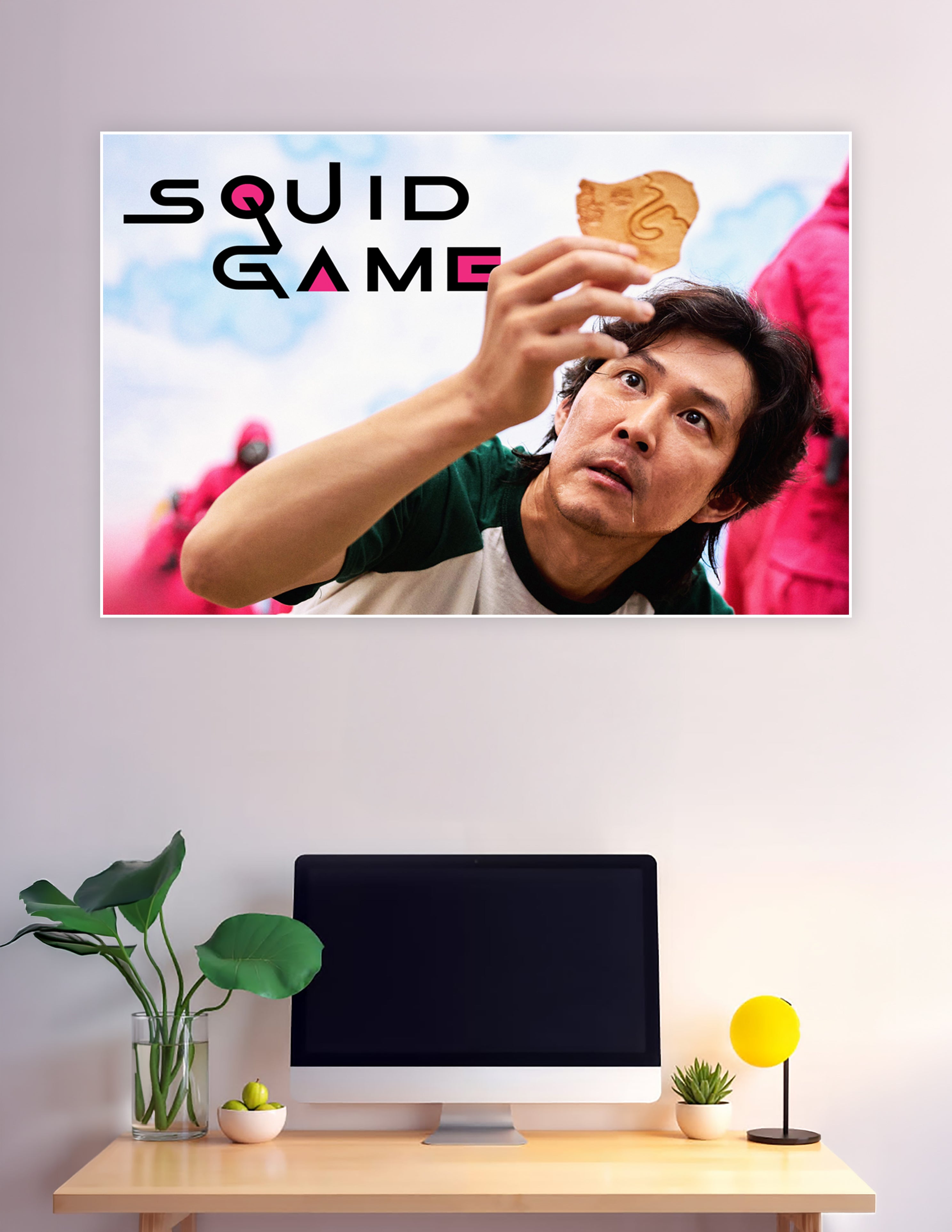Squid Game poster featuring dalgona cookie challenge scene