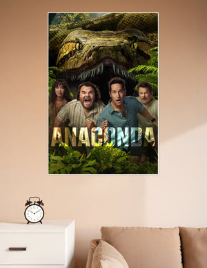 Anaconda movie poster showing a massive giant snake with open jaws looming over four terrified adventurers in a dense tropical jungle