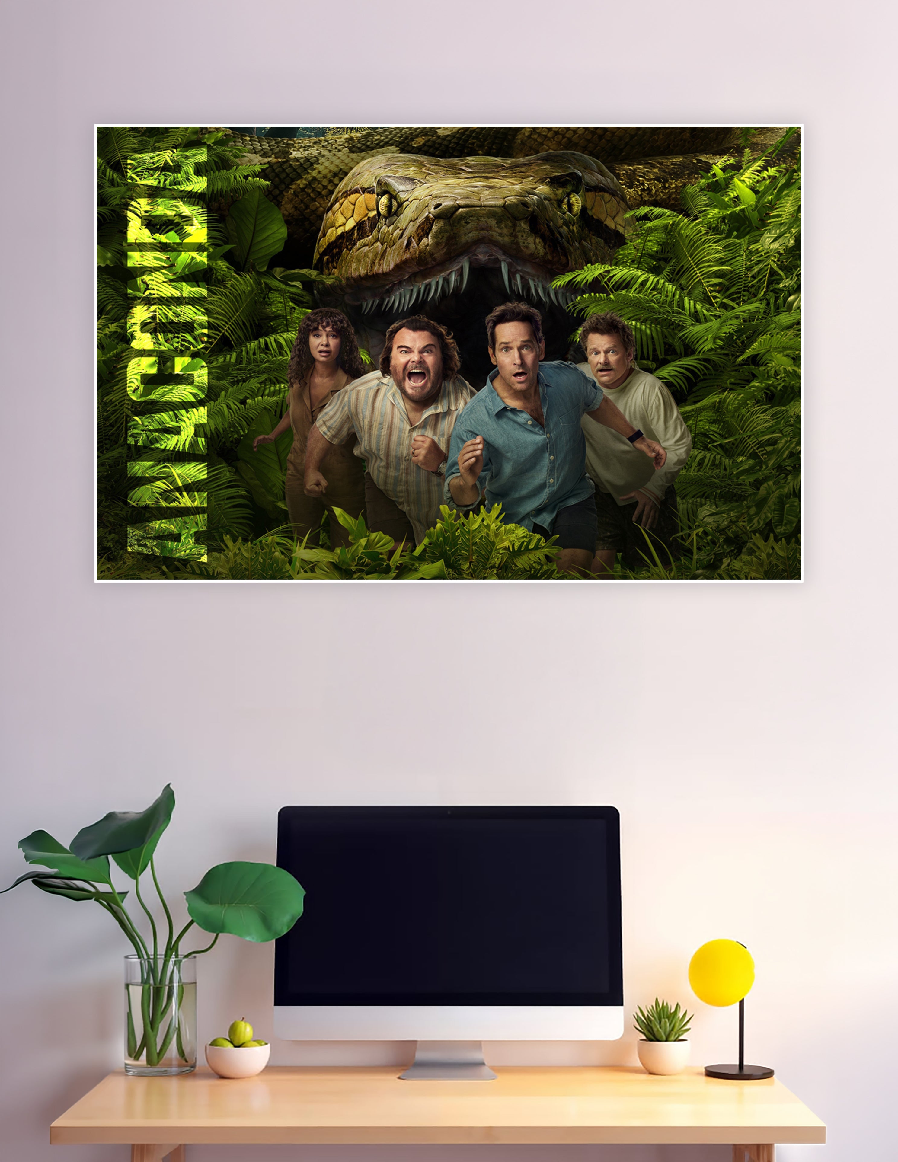 Anaconda movie poster showing four terrified people running from a giant snake in a dense jungle, with bold green title text on the left side