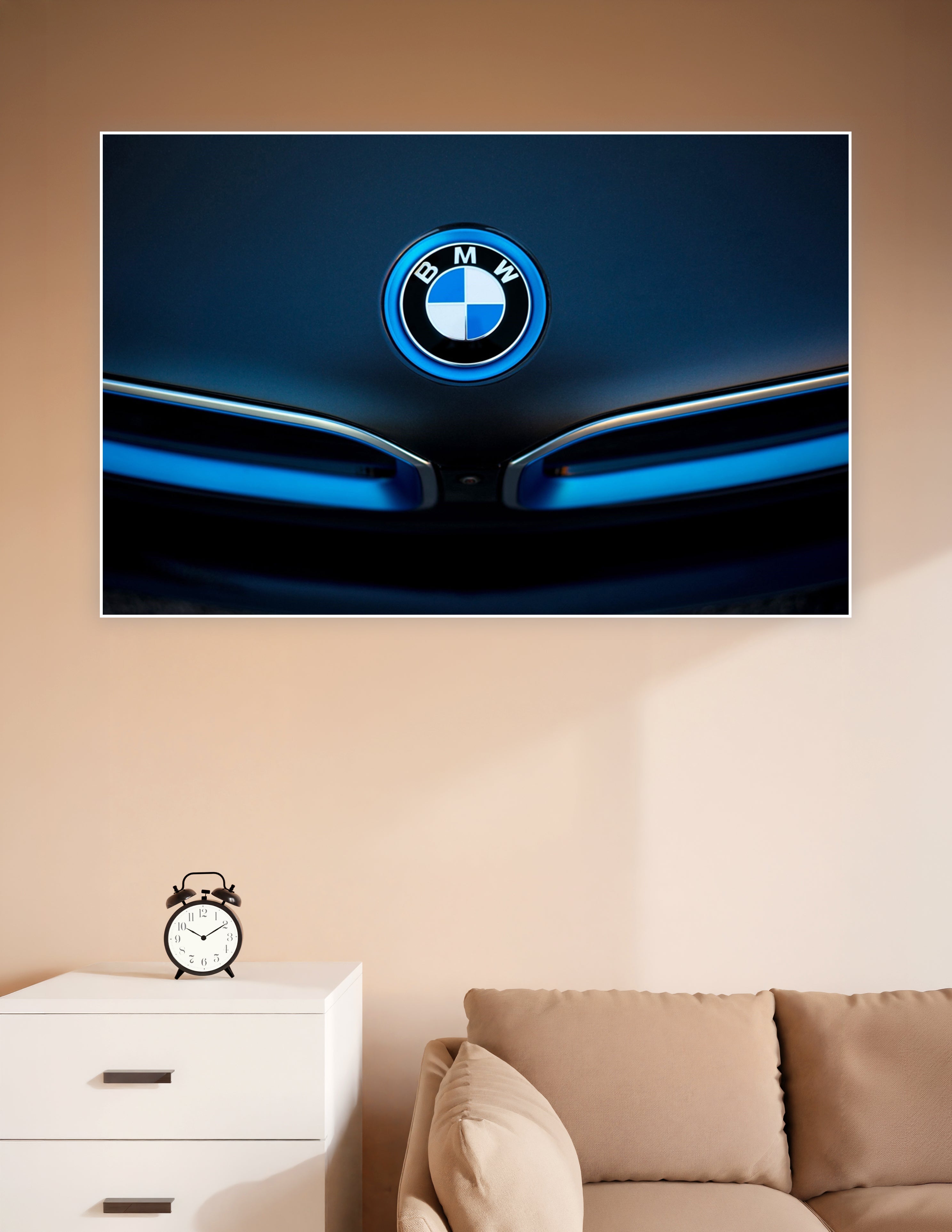 Close-up of glowing BMW roundel emblem in electric blue light on dark car hood — premium automotive wall poster