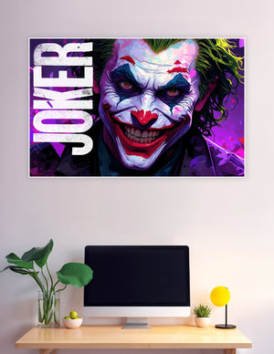 Vibrant digital art poster of the Joker with white face paint, red smile, green hair, and glowing orange eyes against a purple background with bold JOKER typography
