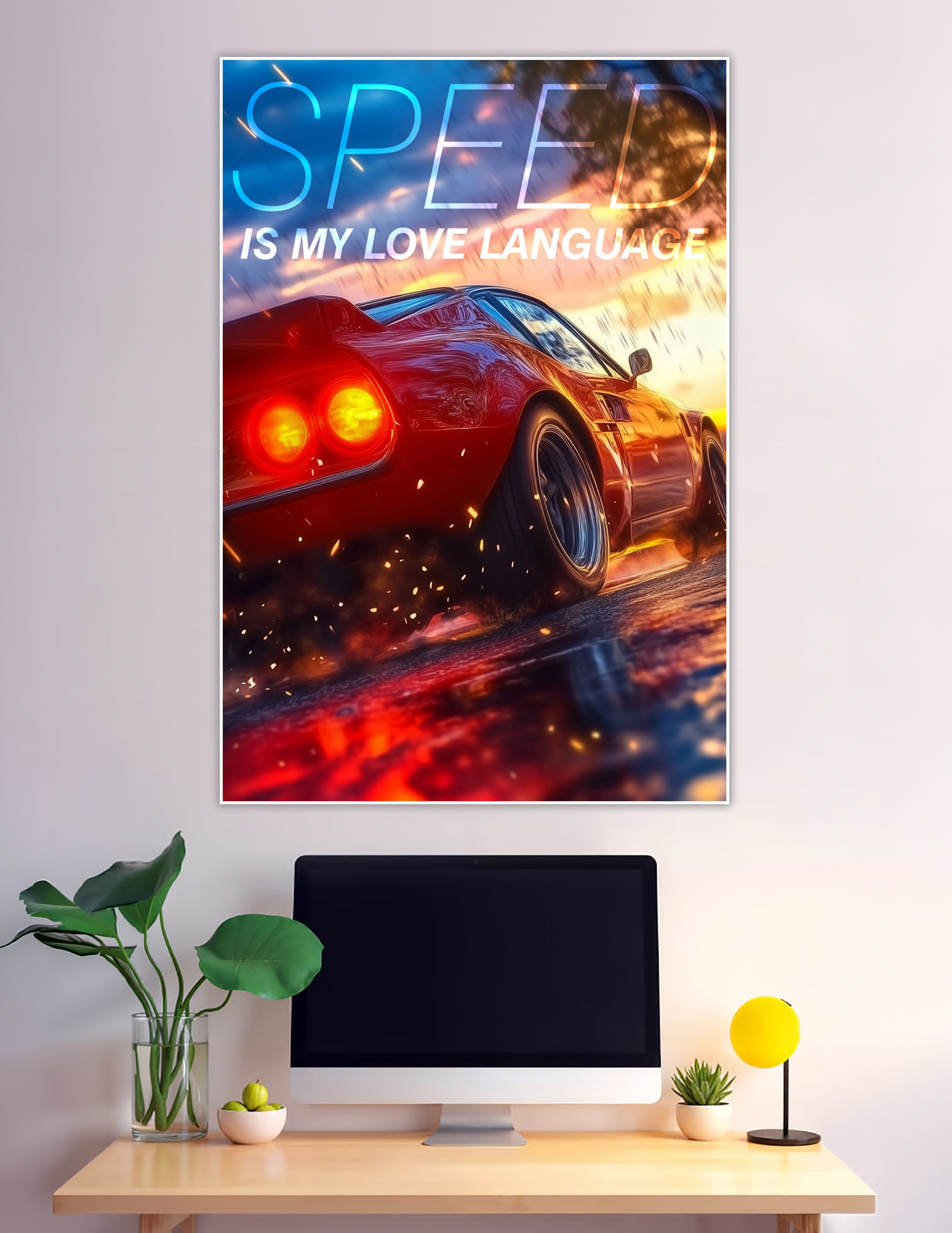 Red supercar rear view with glowing taillights, sparks, and rain with bold 'Speed Is My Love Language' typography on a dramatic sunset background