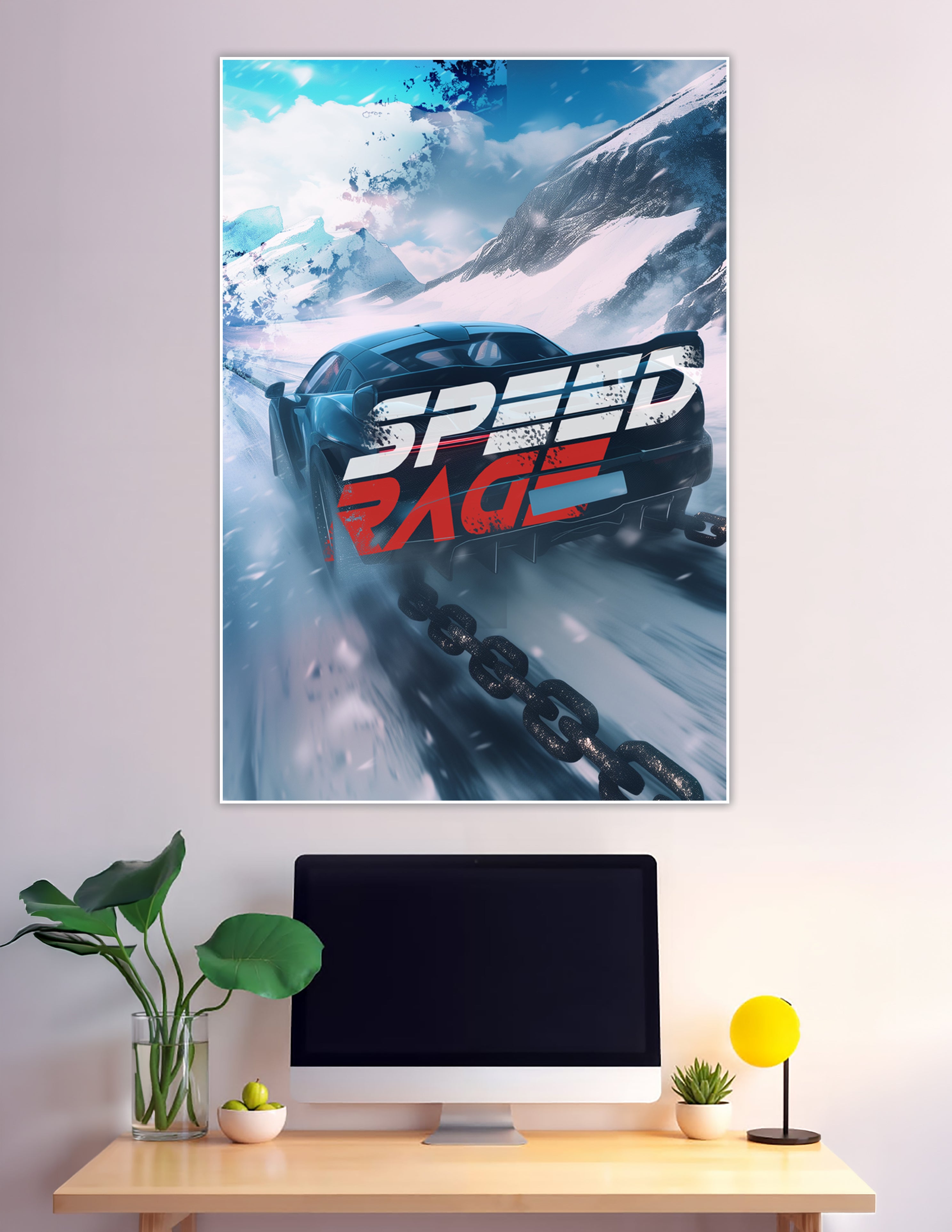 Speed Rage sports car racing through snowy mountain landscape