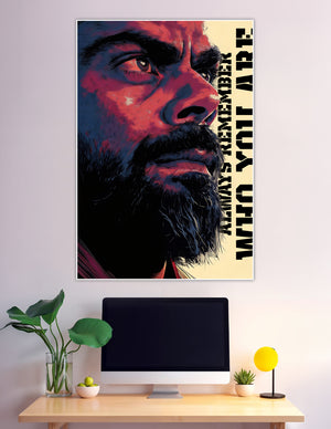 Bold illustrated portrait poster with motivational identity quote