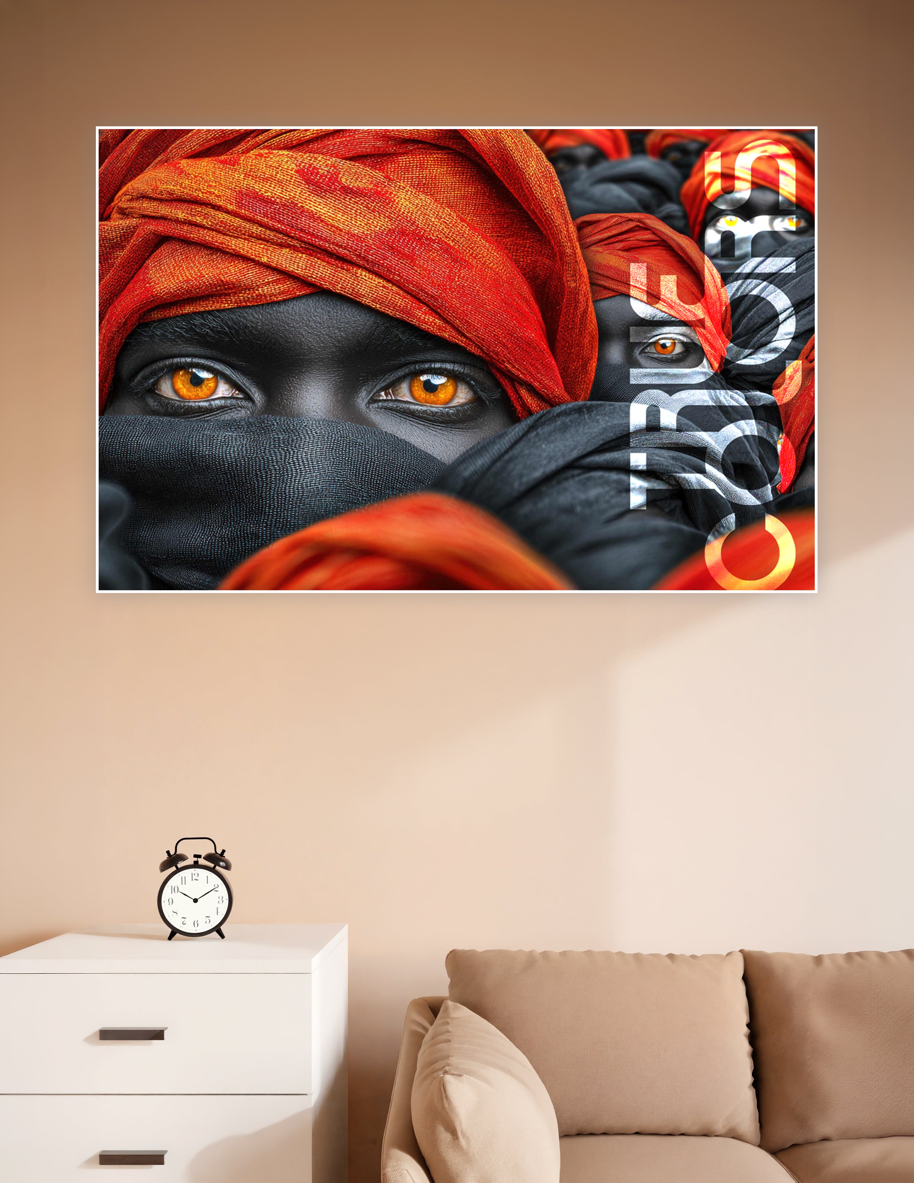 Close-up poster of a Tuareg warrior with glowing amber eyes wearing a red turban and black face wrap, with repeated figures in the background