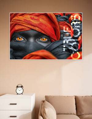 Close-up poster of a Tuareg warrior with glowing amber eyes wearing a red turban and black face wrap, with repeated figures in the background