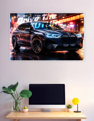 BMW iX electric SUV neon city night drive poster