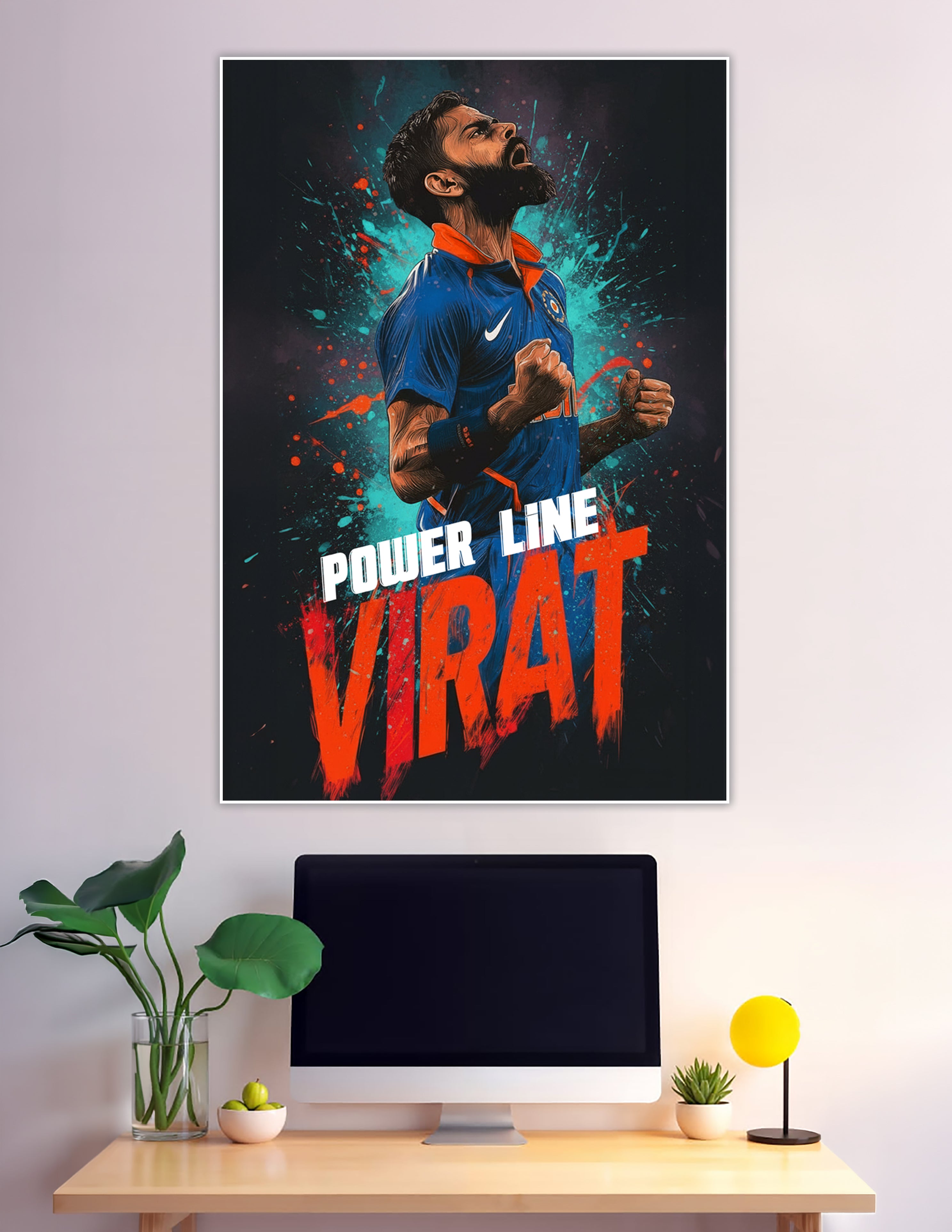 Virat Kohli illustrated cricket celebration poster blue jersey