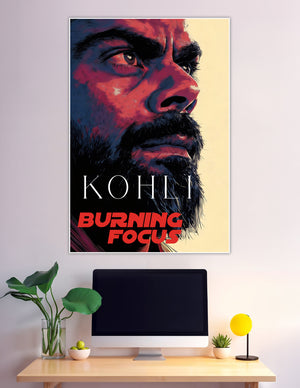 Kohli burning focus illustrated cricket portrait poster red tones