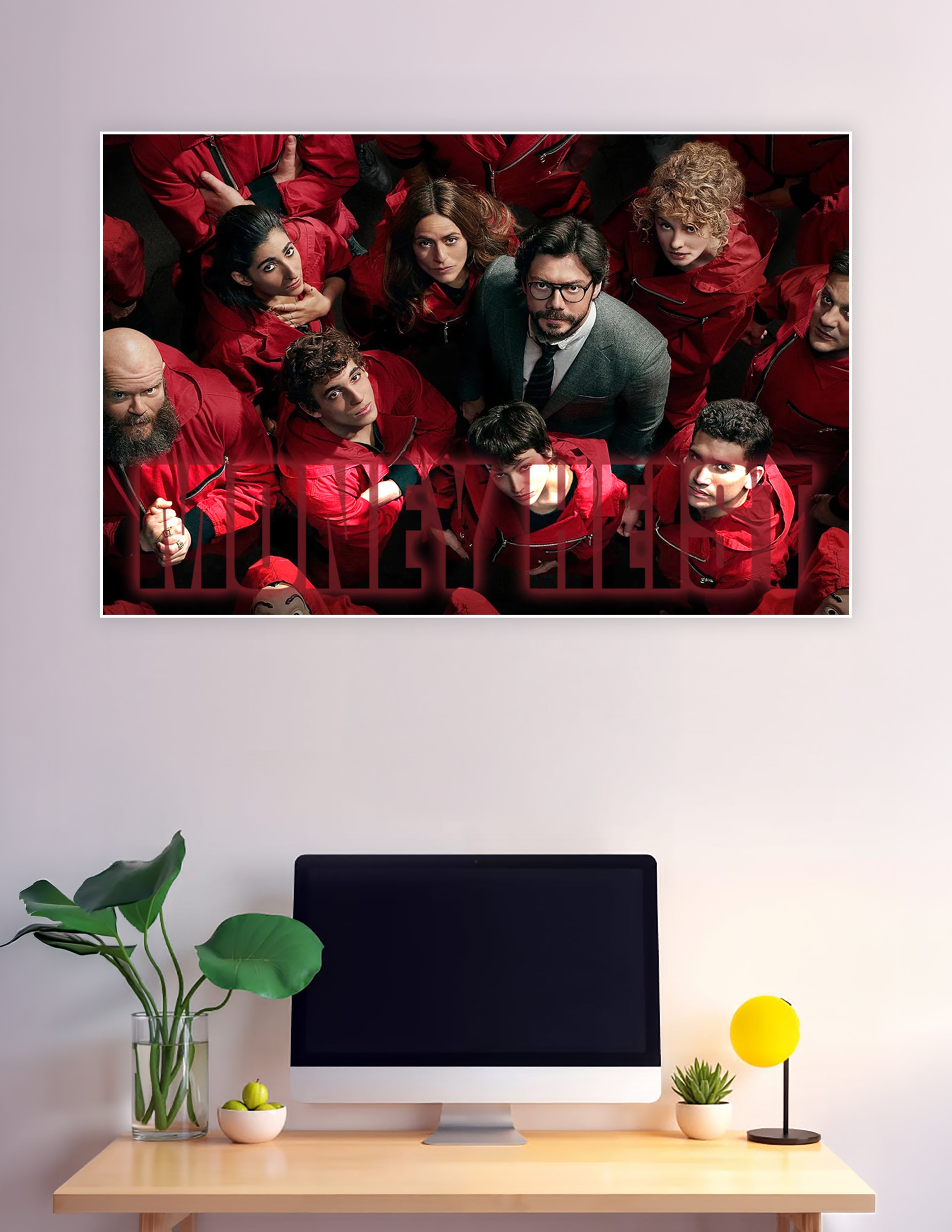 Money Heist cast overhead poster with red jumpsuits