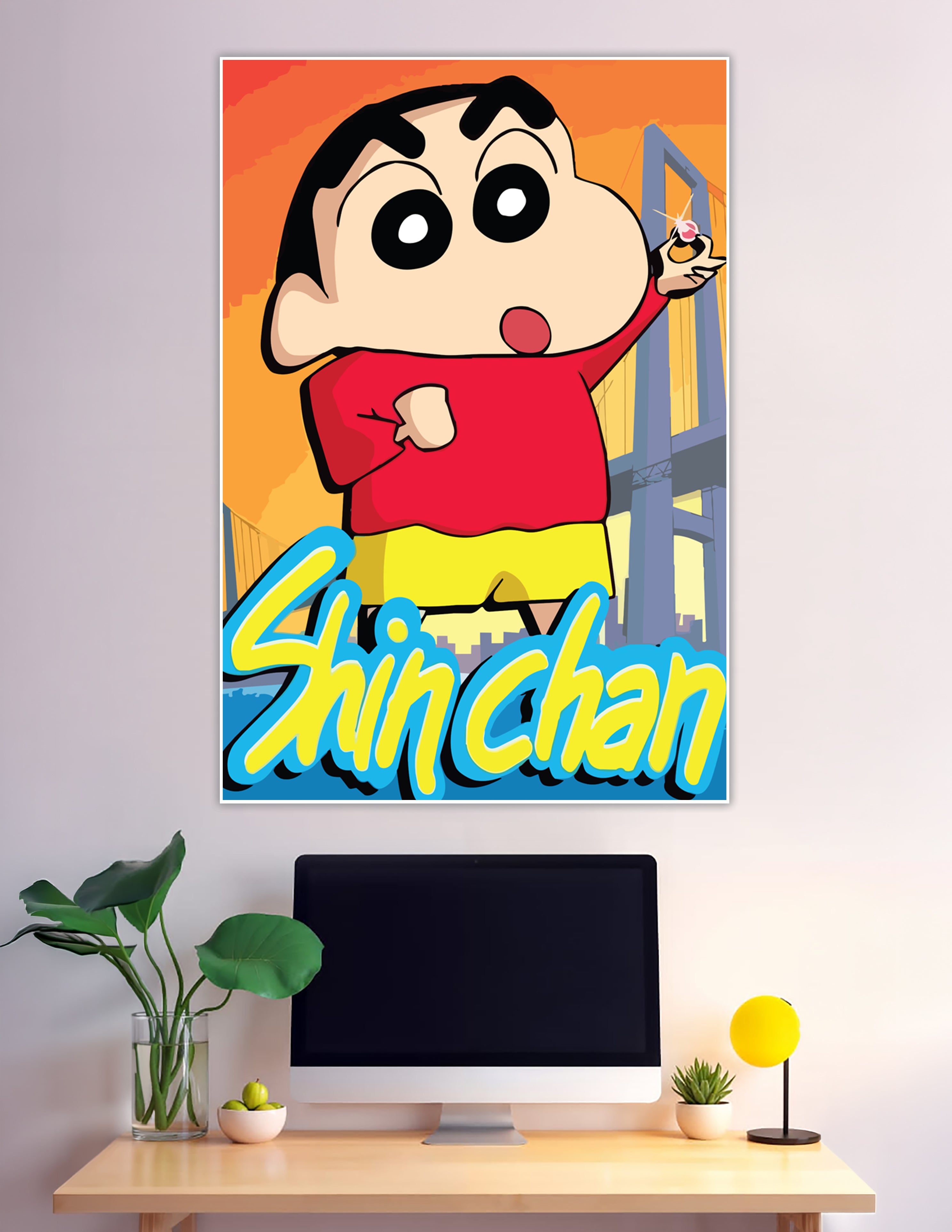 Shin-Chan cartoon character in red shirt and yellow shorts holding a ring, set against an orange sunset cityscape background, classic anime poster art