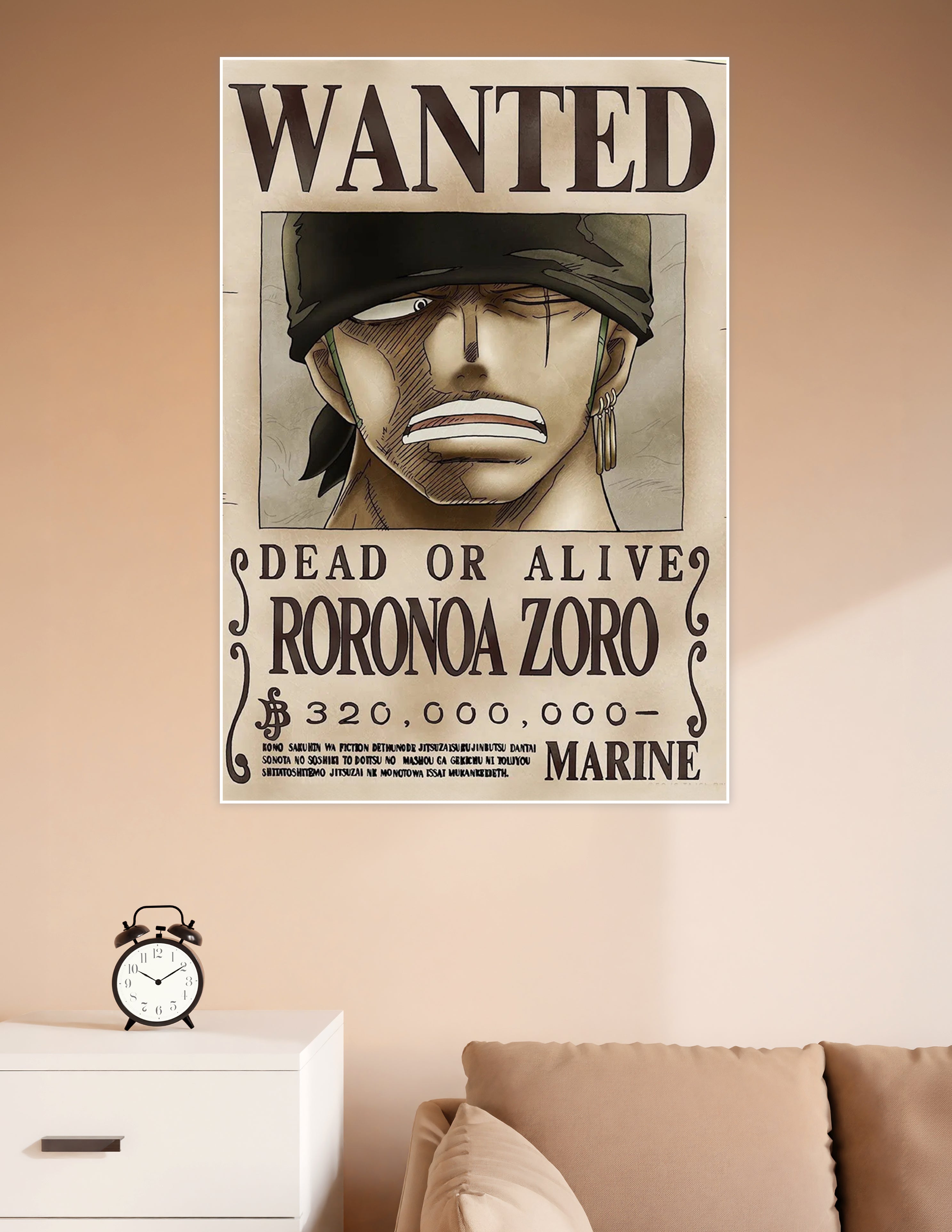 Roronoa Zoro Wanted Dead or Alive bounty poster from One Piece anime, featuring 320,000,000 Berry reward on aged parchment background