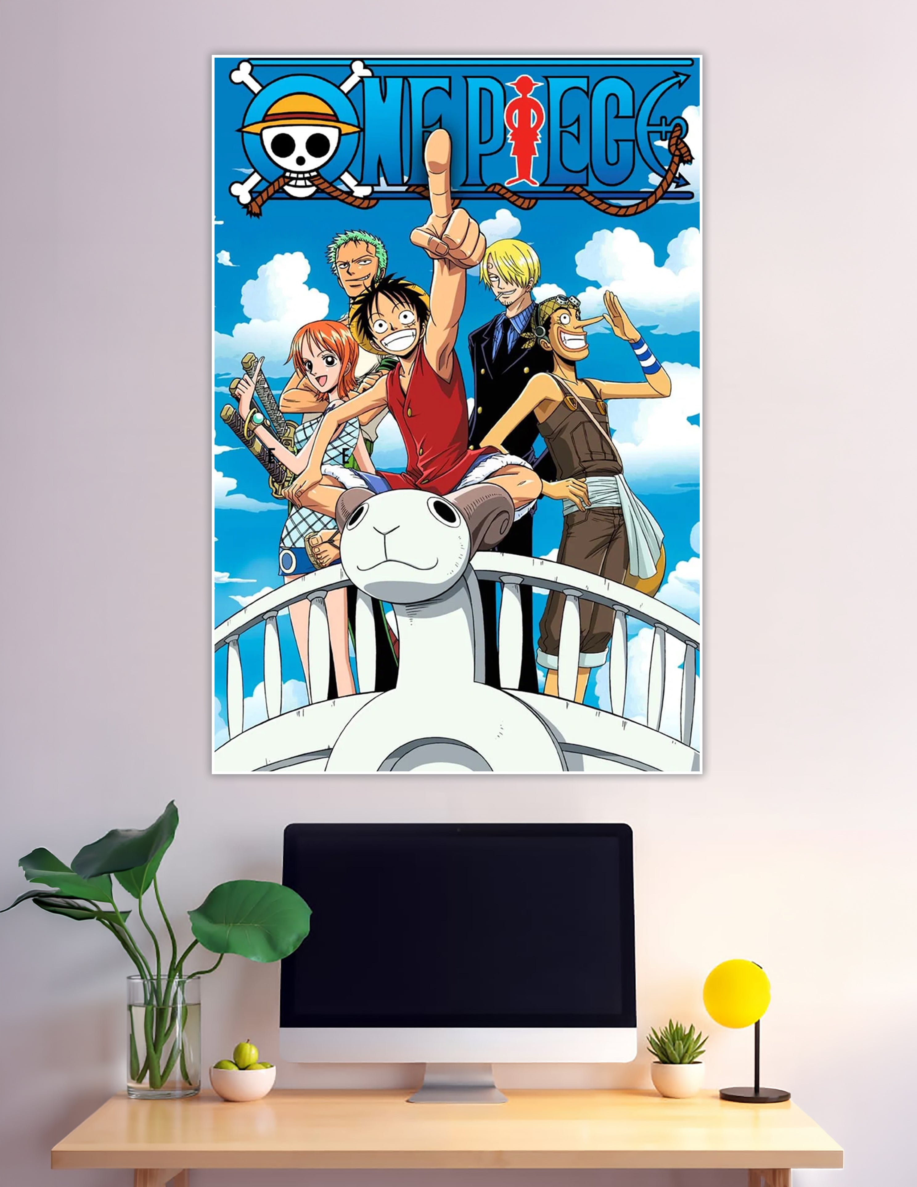 One Piece anime poster featuring the Straw Hat Pirates crew — Luffy, Zoro, Nami, Sanji, and Usopp — standing on the Going Merry under a blue sky with the One Piece logo above