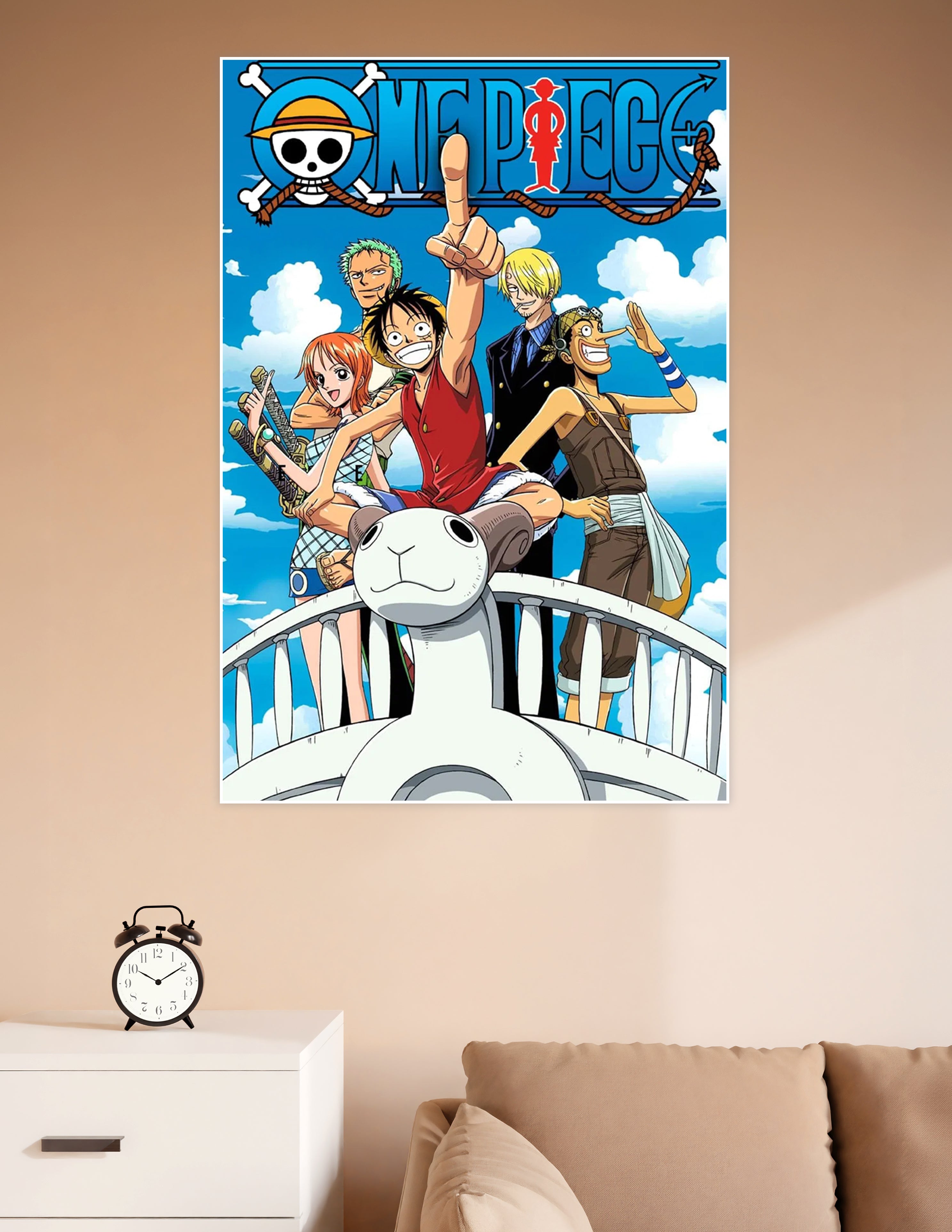 One Piece anime poster featuring the Straw Hat Pirates crew — Luffy, Zoro, Nami, Sanji, and Usopp — standing on the Going Merry under a blue sky with the One Piece logo above