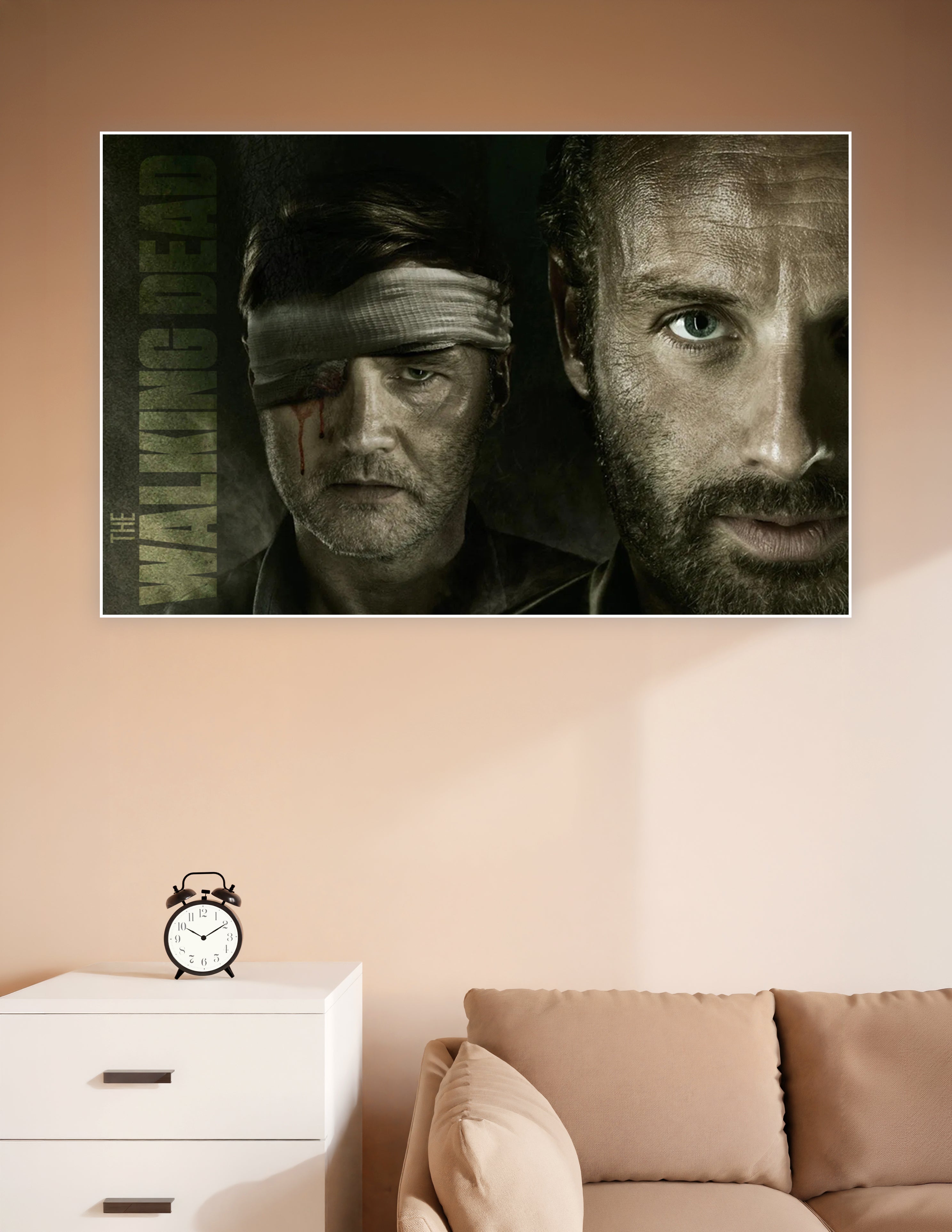The Walking Dead promotional poster showing the wounded Governor with a bandaged eye and Rick Grimes in a dark cinematic composition with the show title on the left