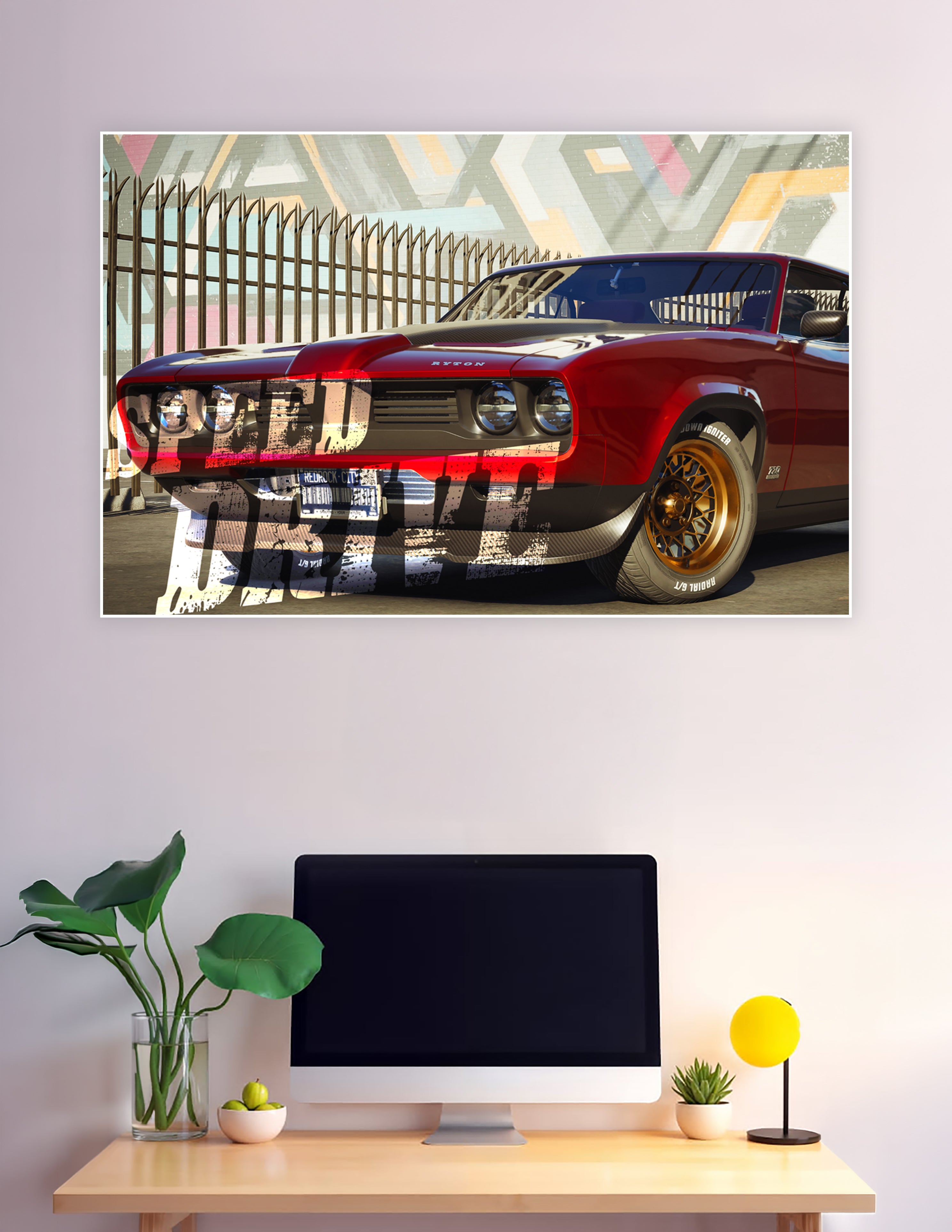Red classic muscle car with gold rims against graffiti mural