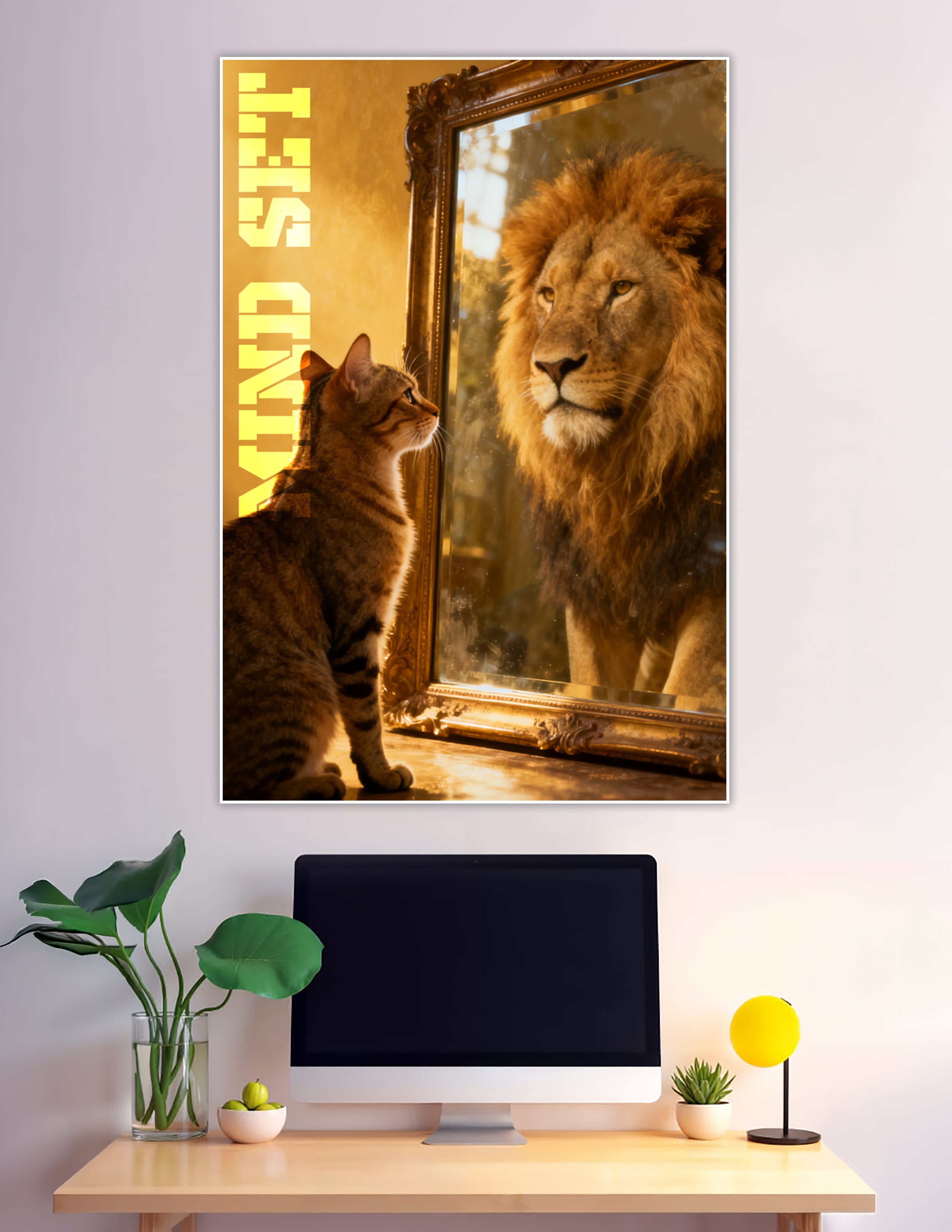 Cat sees lion reflection in golden mirror mindset poster