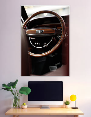 Shelby Cobra wood grain steering wheel vintage interior close-up