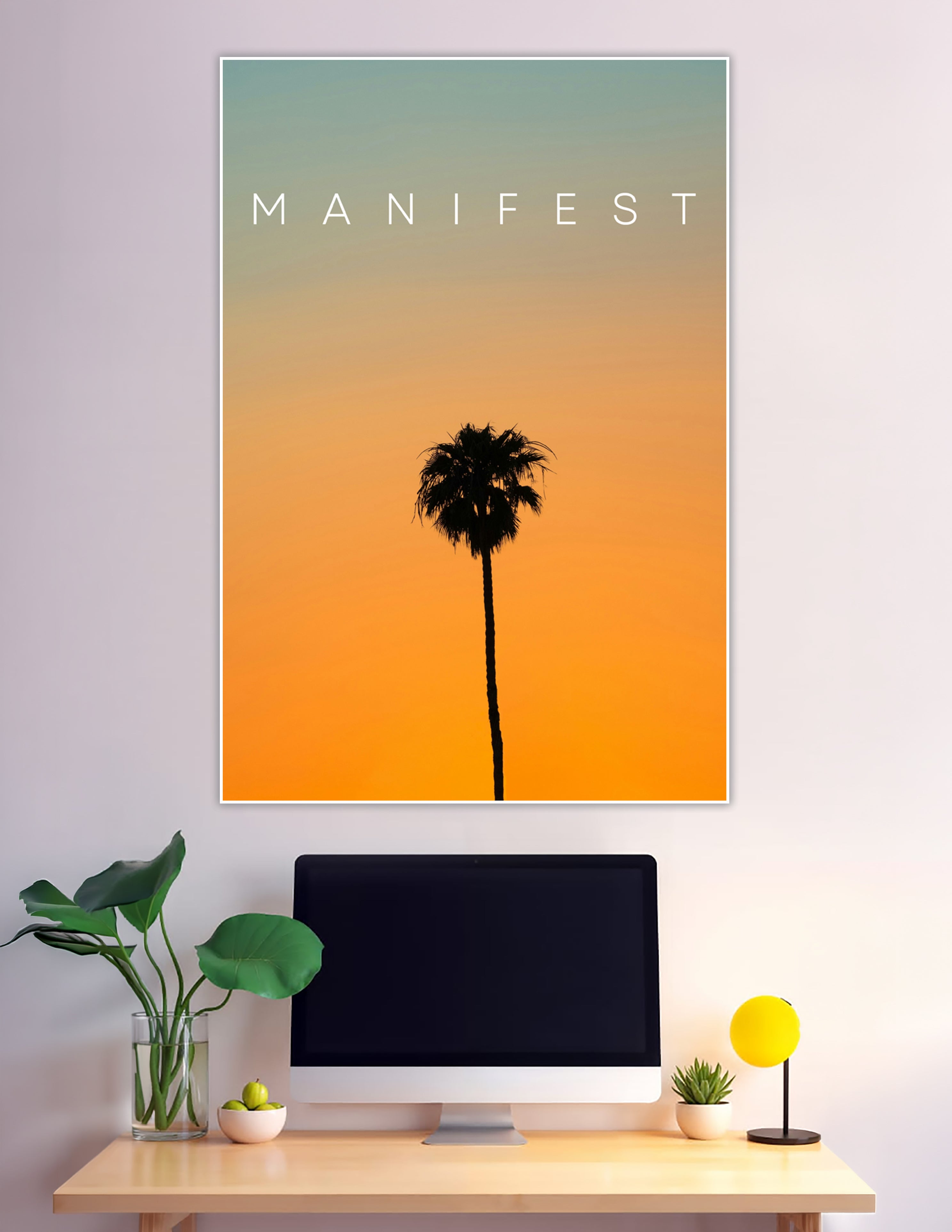 Manifest motivational poster with palm tree sunset silhouette