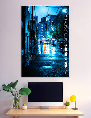 Blue neon rainy Tokyo street night poster with quote