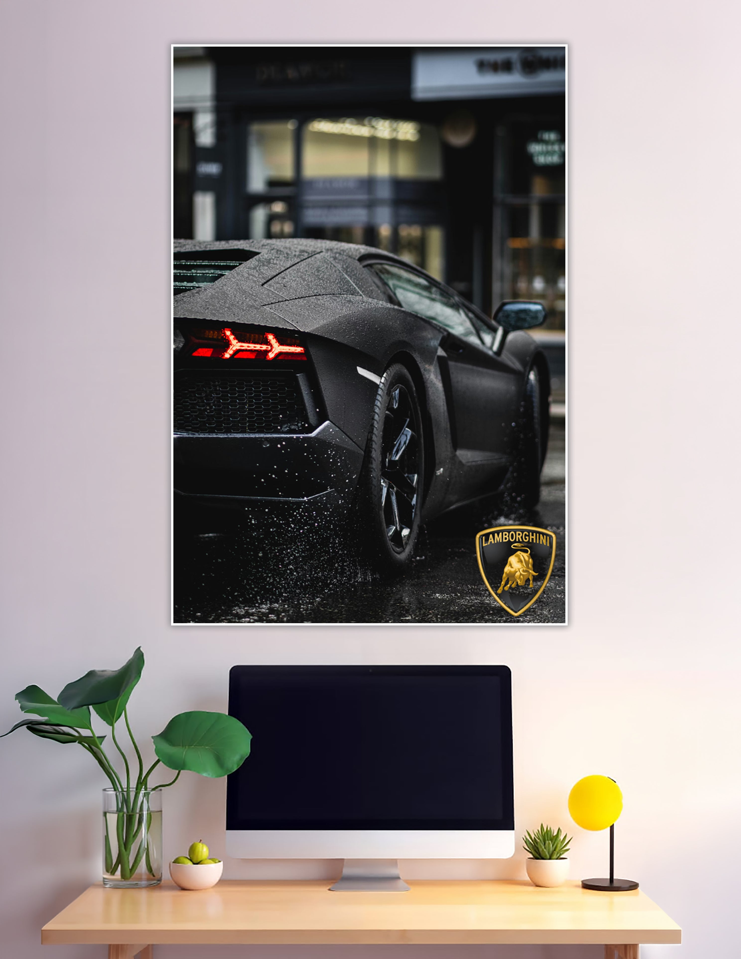 Matte black Lamborghini Aventador wet street rain poster