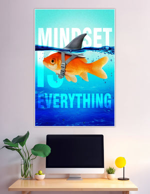 Goldfish wearing shark fin with mindset is everything text