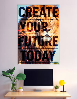 Fierce lion close-up with Create Your Future Today typography