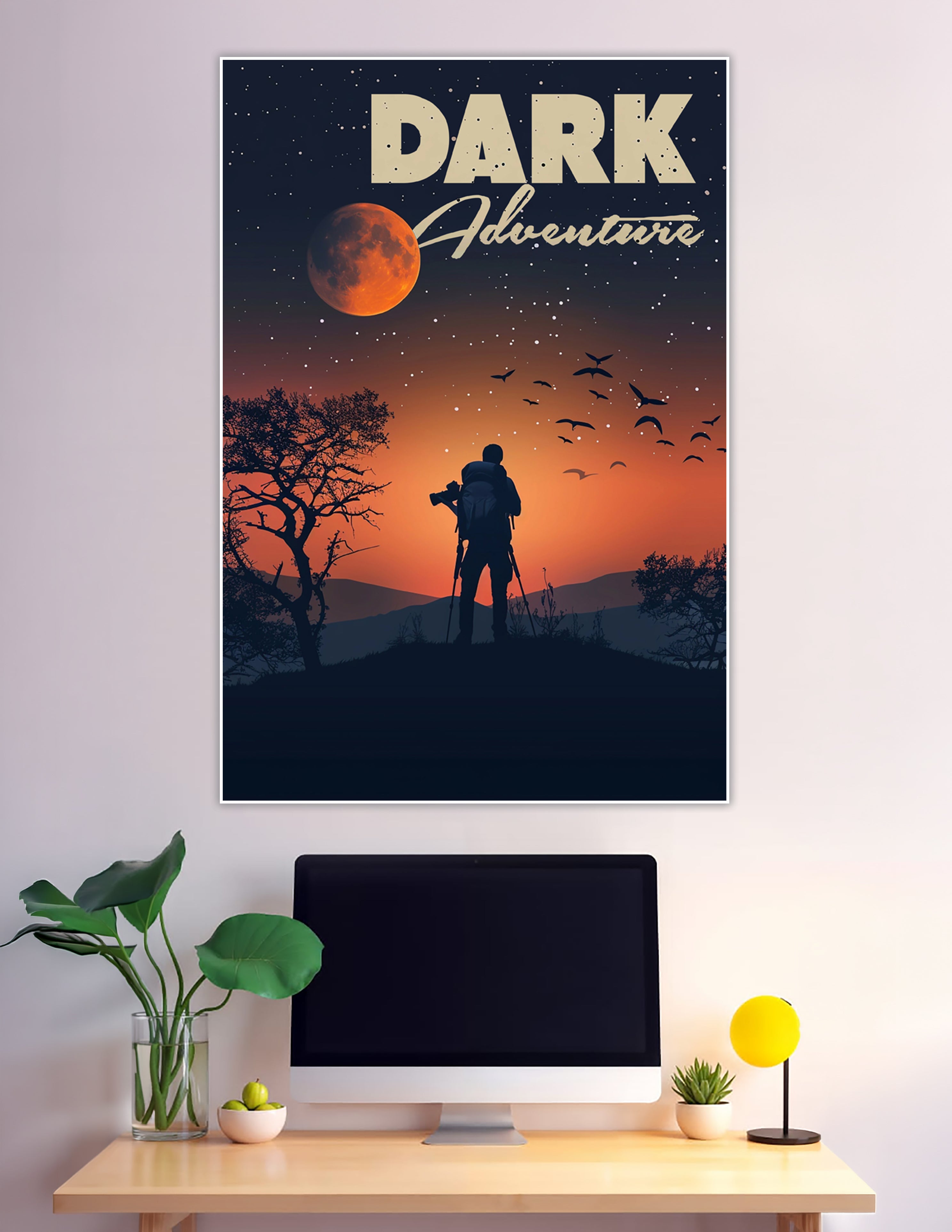 Silhouette photographer under blood moon starry night sky