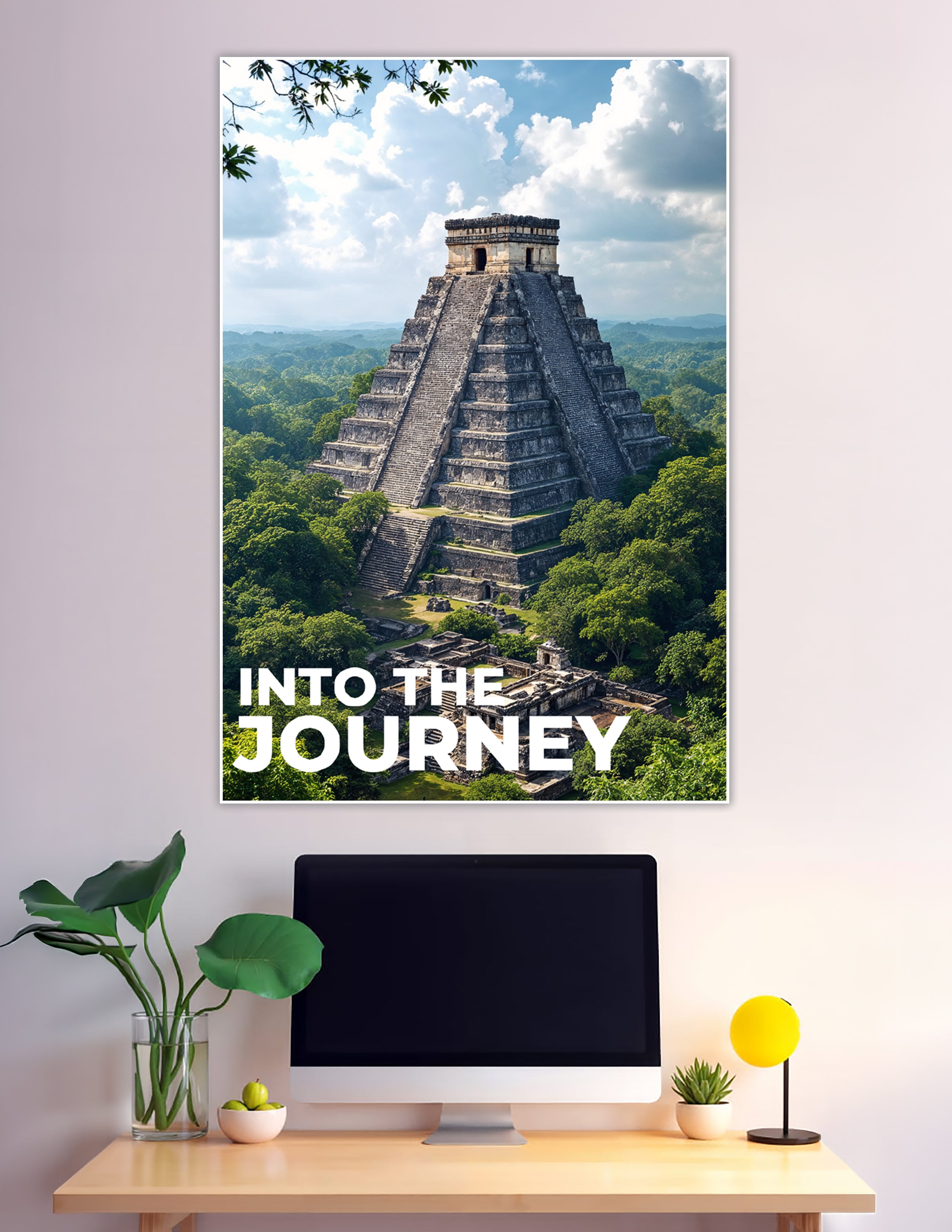 Mayan pyramid rising above jungle canopy travel poster