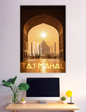 Golden sunrise view of the Taj Mahal framed through an ornate Mughal arch with the text Alone But Peaceful overlaid