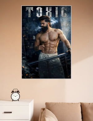 Toxic movie poster featuring a muscular bearded action hero smoking a cigar against a dark dramatic background with the title TOXIC at the top