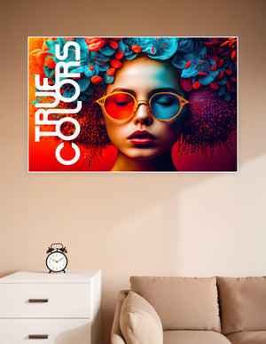 Surreal fashion art poster of a woman with vibrant blue floral headwear and split red-blue sunglasses against a bold red and teal background, titled True Colors