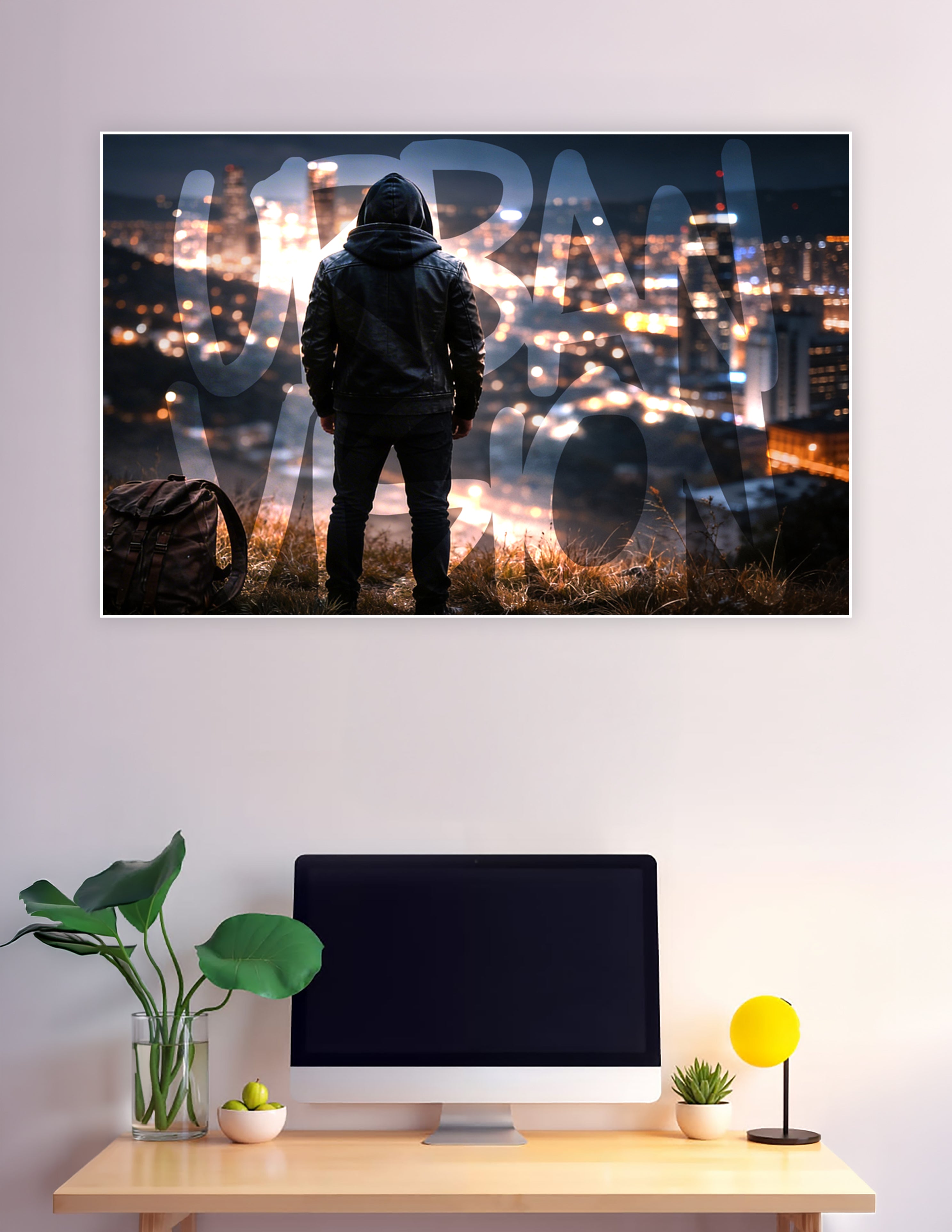 Hooded figure standing on a hilltop overlooking a glowing night city skyline with Urban Vision typography overlay poster