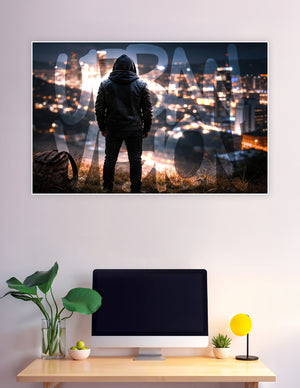 Hooded figure standing on a hilltop overlooking a glowing night city skyline with Urban Vision typography overlay poster