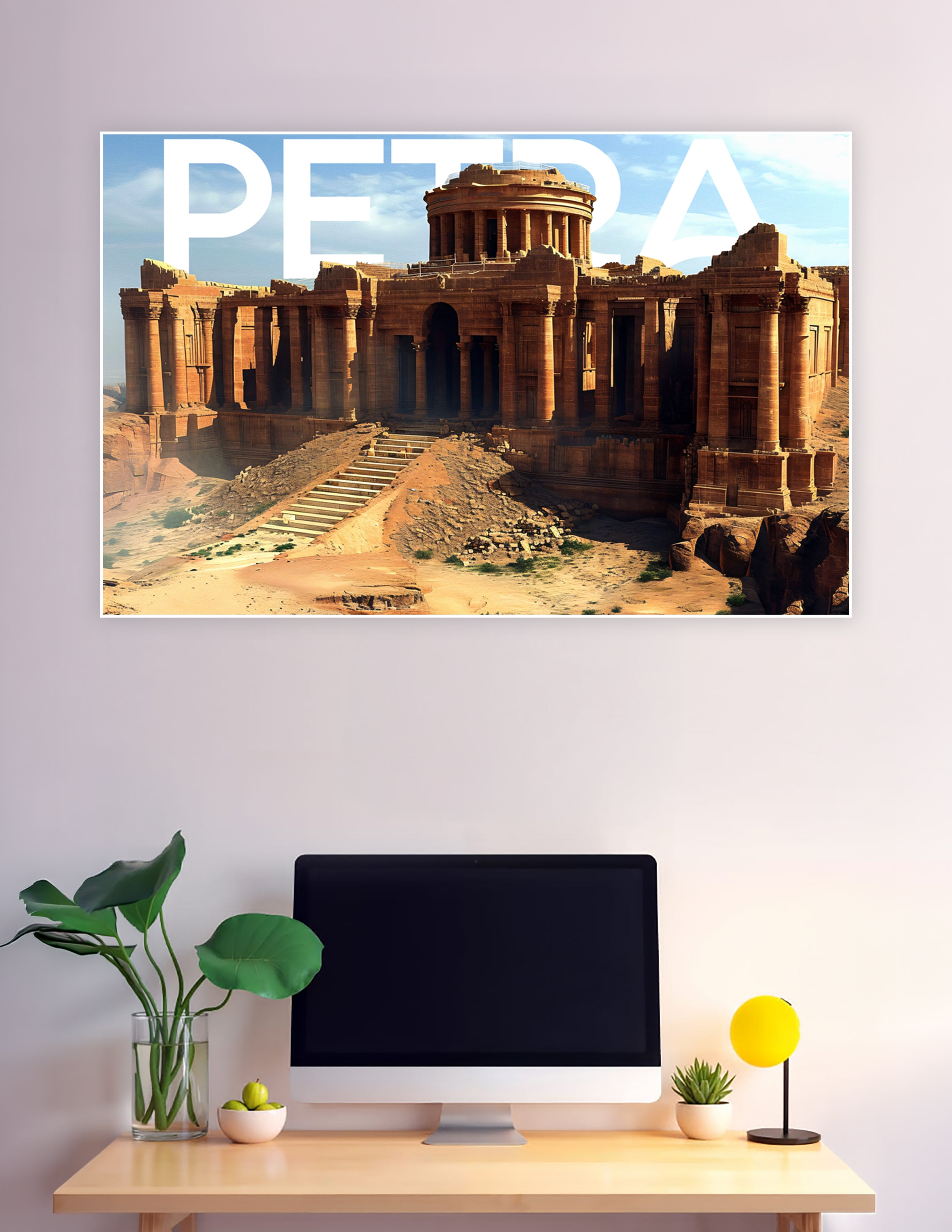 Aerial view of Petra Jordan ancient sandstone ruins with grand columns, rotunda, and staircase under a blue sky — premium wall poster print