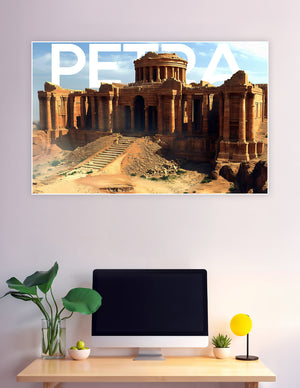 Aerial view of Petra Jordan ancient sandstone ruins with grand columns, rotunda, and staircase under a blue sky — premium wall poster print