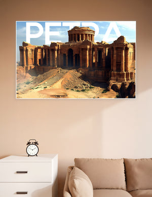 Aerial view of Petra Jordan ancient sandstone ruins with grand columns, rotunda, and staircase under a blue sky — premium wall poster print