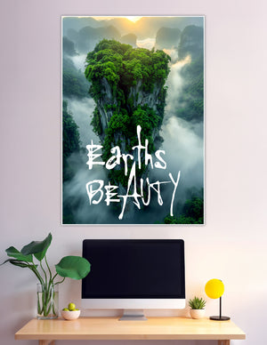 Aerial view of a towering jungle-covered rock pillar rising through golden morning mist with the text 'Earth's Beauty' overlaid, surrounded by misty forested karst mountains at sunrise