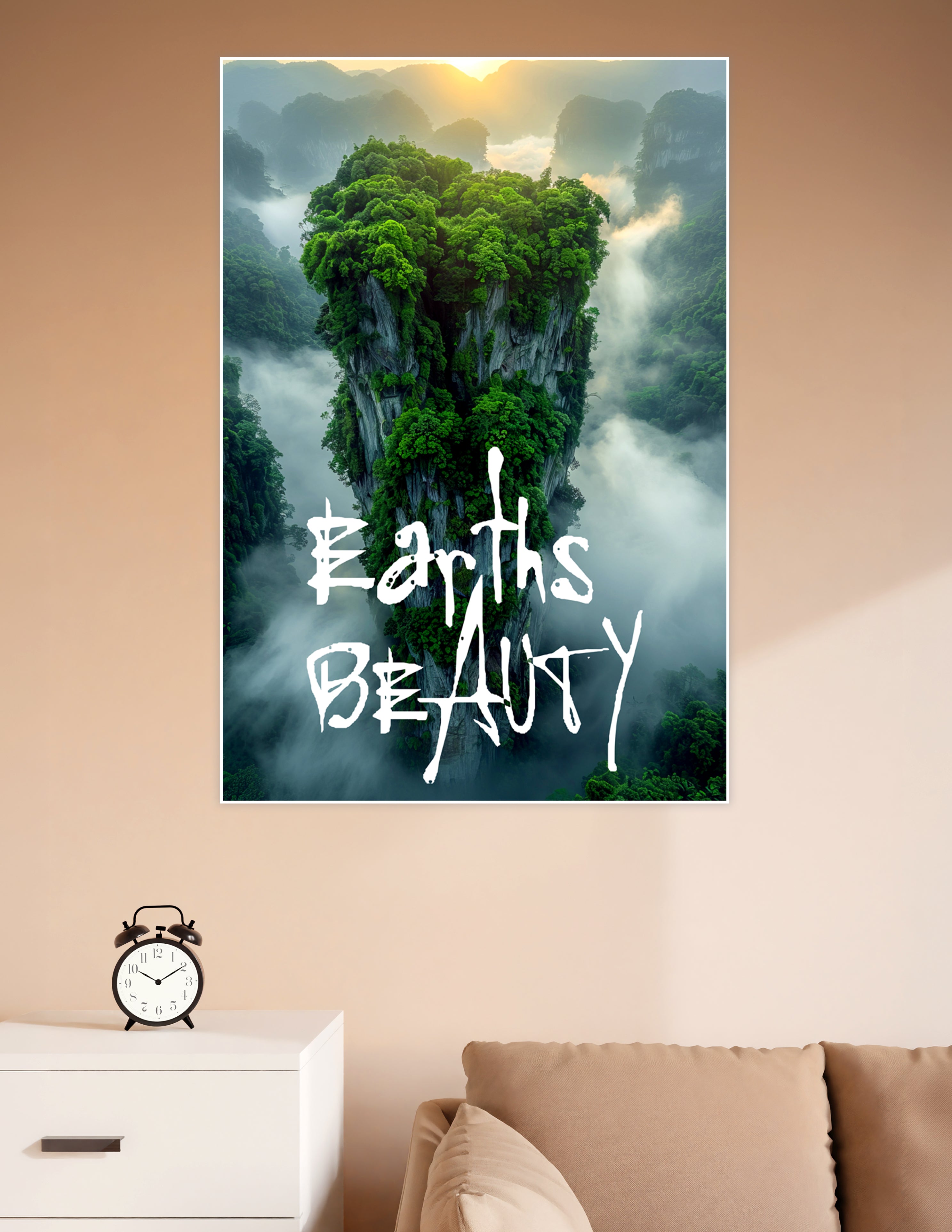 Aerial view of a towering jungle-covered rock pillar rising through golden morning mist with the text 'Earth's Beauty' overlaid, surrounded by misty forested karst mountains at sunrise