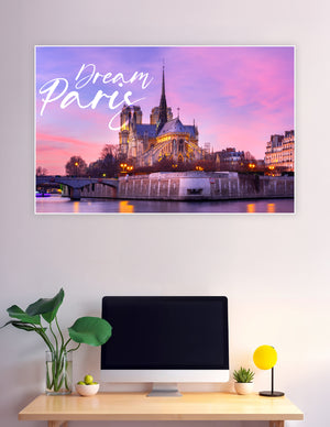 Notre-Dame Cathedral at sunset with pink purple sky Paris