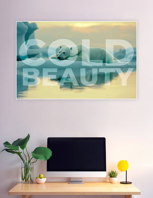 Polar bear resting on arctic ice with golden sky
