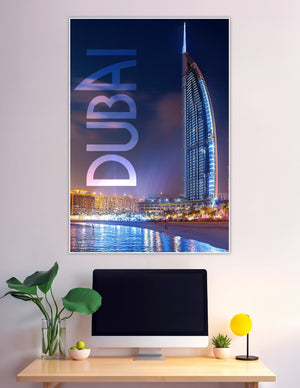 Dubai Burj Al Arab illuminated at night with city lights
