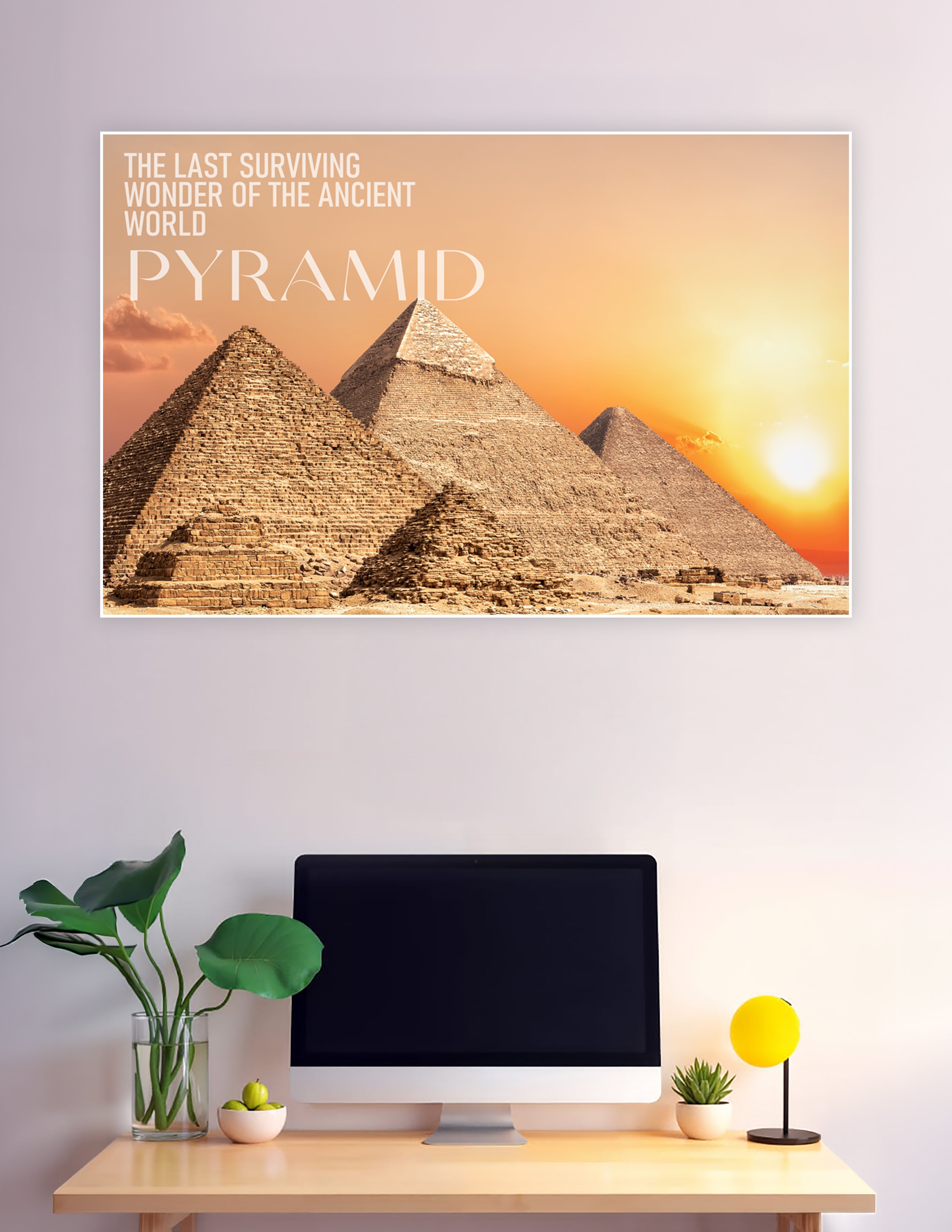 Great Pyramids of Giza at golden sunset with warm orange sky, labeled as the last surviving wonder of the ancient world