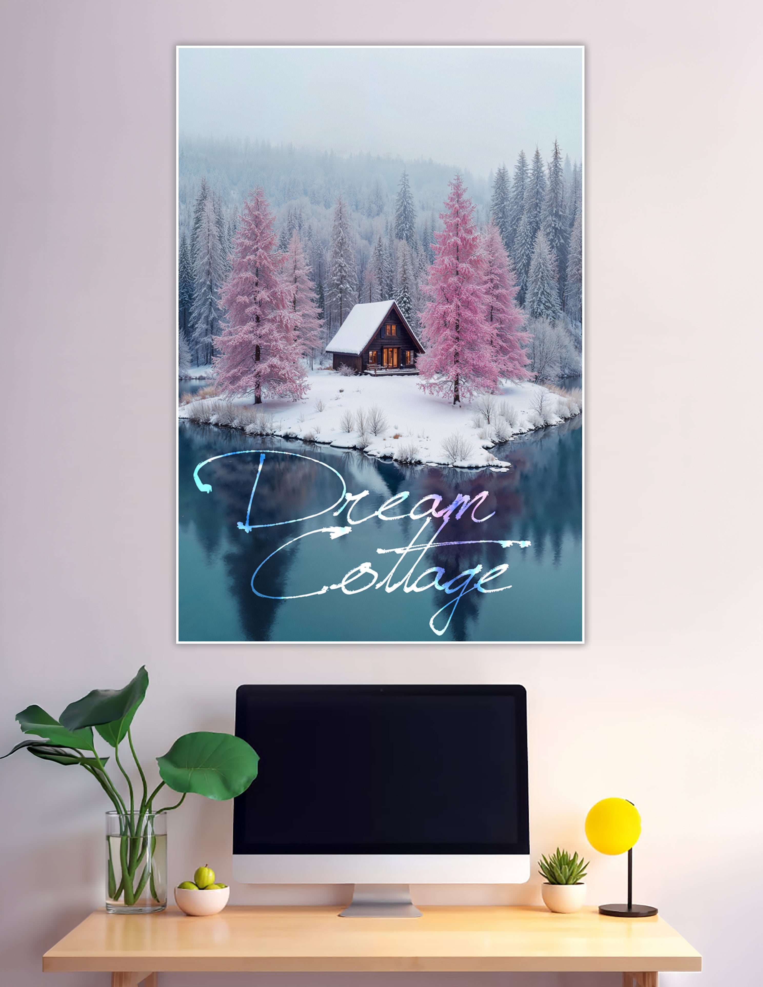 Cozy A-frame cabin on a snow-covered island surrounded by pink frost-covered pine trees and a calm reflective lake in winter