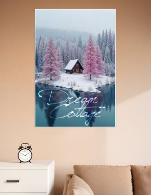 Cozy A-frame cabin on a snow-covered island surrounded by pink frost-covered pine trees and a calm reflective lake in winter